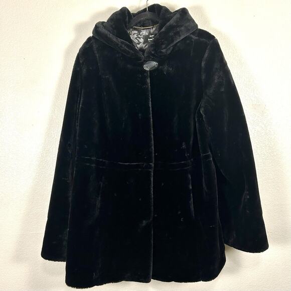 Dennis Basso Faux Fur Hooded Coat NWT Black 1X Zip Front Knee Length - Picture 1 of 7